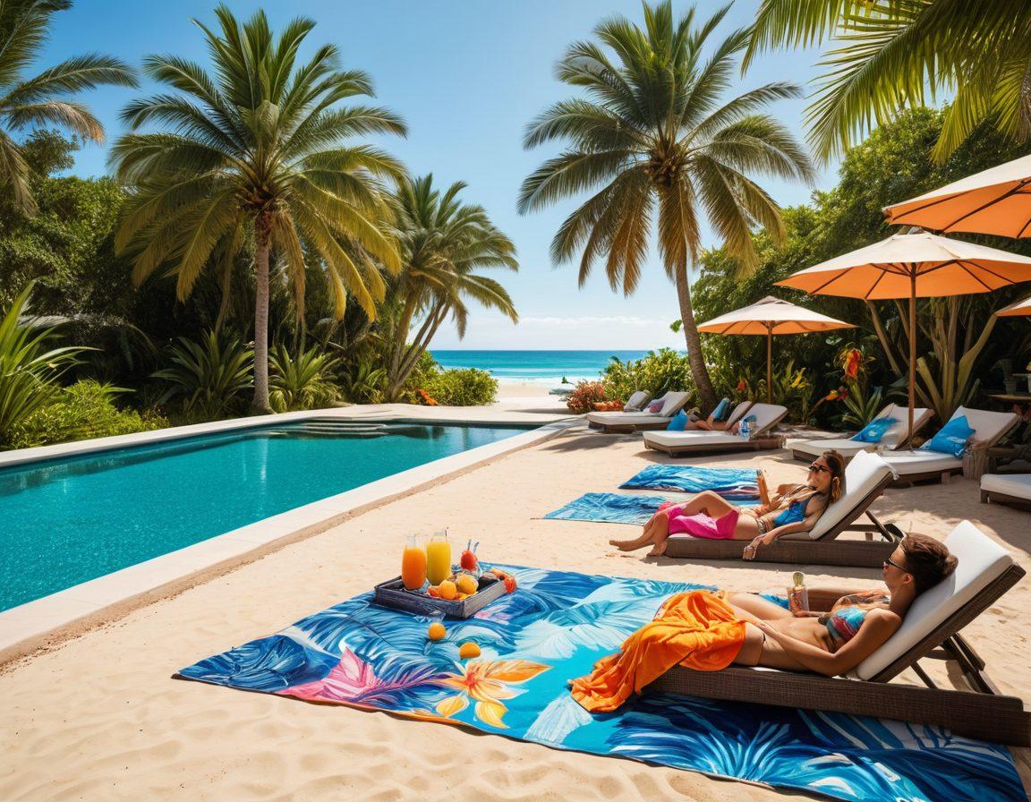 A stylish beach scene featuring a diverse group of friends sunbathing on colorful beach towels, with a vibrant array of trendy swimwear styles. Include a sparkling blue swimming pool in the background, surrounded by palm trees, sun loungers, and tropical drinks. The atmosphere should be lively and fun, showcasing sunlight reflecting off the water. Emphasize bright and cheerful colors to evoke a sense of summer joy. super-realistic. vibrant colors. sunny outdoor setting.